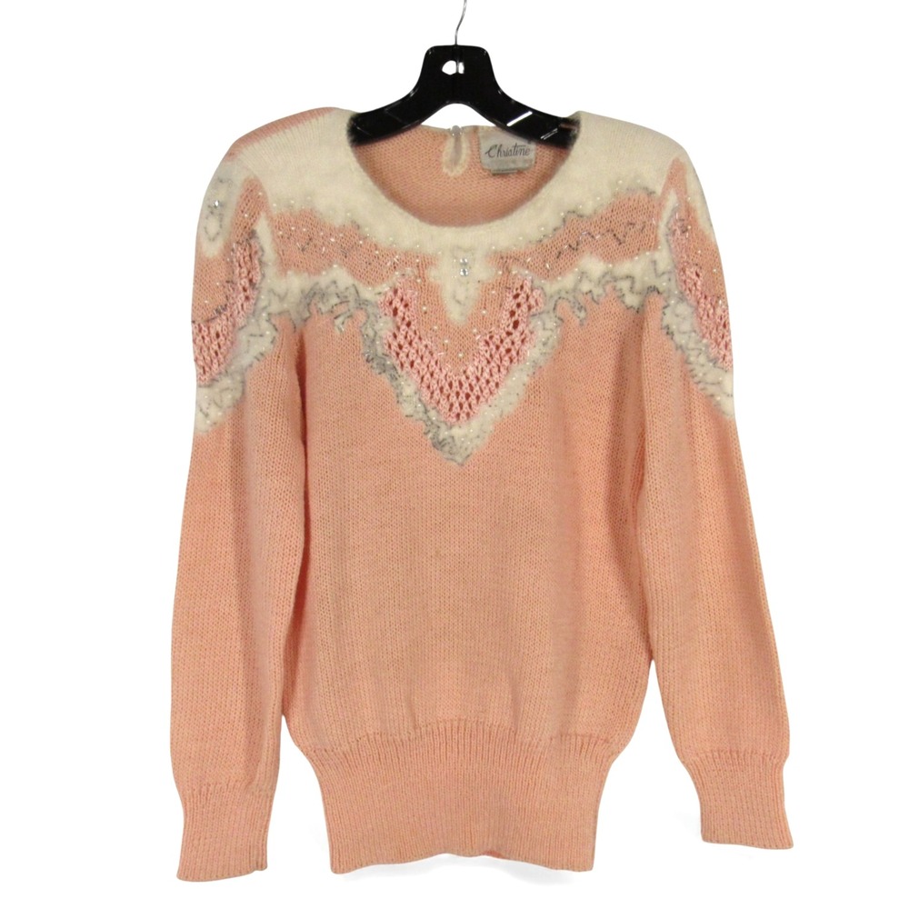 VTG CHRISTINE Pink ANGORA BLEND Pearls/Beaded BANDED TRIM Knit Sweater Sz M